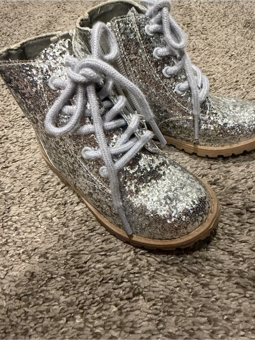 Toddler Girl Like New Silver Glitter Lace-Up Boots